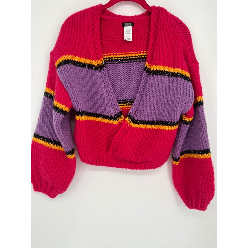 Truce Chunky Knit Surplice Sweater Women L Multicolor‎ Striped Balloon Sleeve